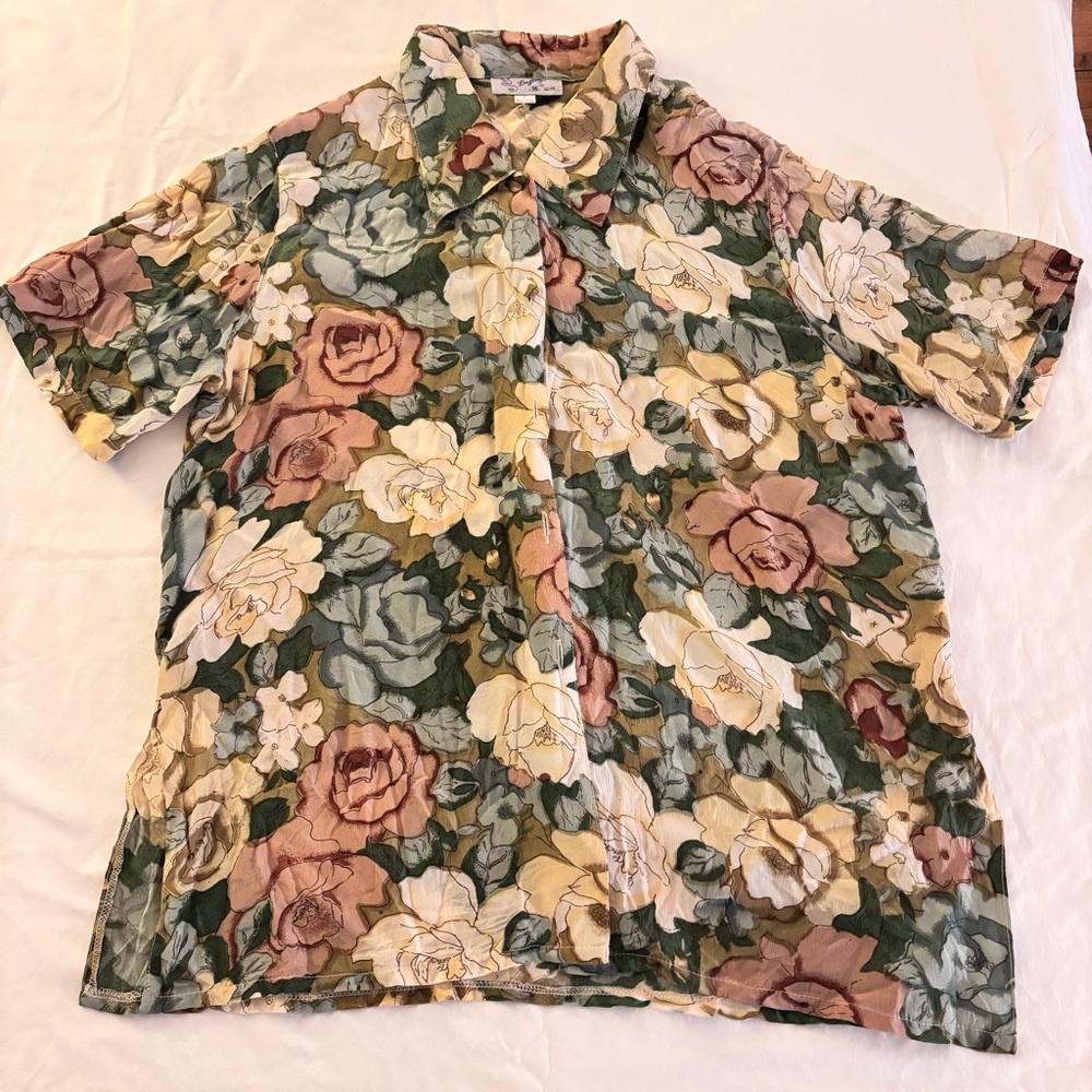 Floral Short Sleeve Shirt 100% SILK Sz L